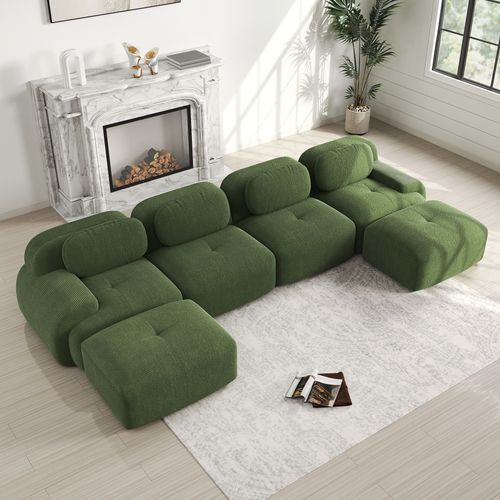 Canapés compressés En U 4 Places Avec 2 Poufs - Sans Montage, Accoudoirs Larges, Velours Côtelé Vert