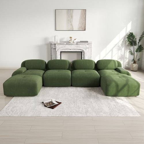 Canapés compressés En U 4 Places Avec 2 Poufs - Sans Montage, Accoudoirs Larges, Velours Côtelé Vert