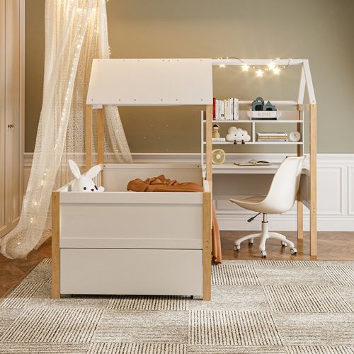 Lit Cabane Enfant 90x200 Cm, Bureau En L, Bibliothèque, Tiroirs à Roulettes, Barrière, Bois Blanc