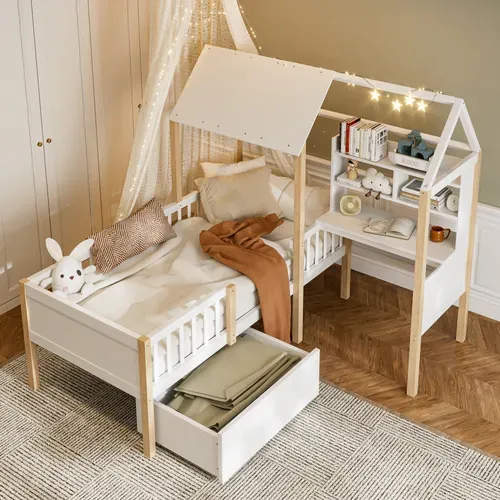 Lit Cabane Enfant 90x200 Cm, Bureau En L, Bibliothèque, Tiroirs à Roulettes, Barrière, Bois Blanc