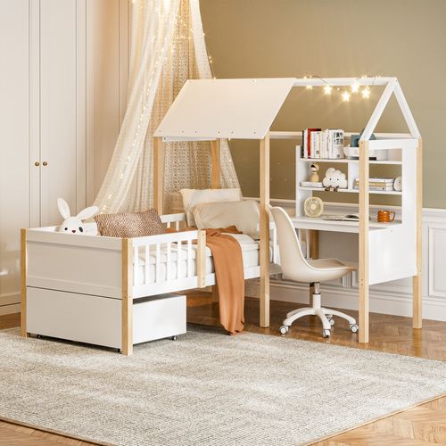 Lit Cabane Enfant 90x200 Cm, Bureau En L, Bibliothèque, Tiroirs à Roulettes, Barrière, Bois Blanc