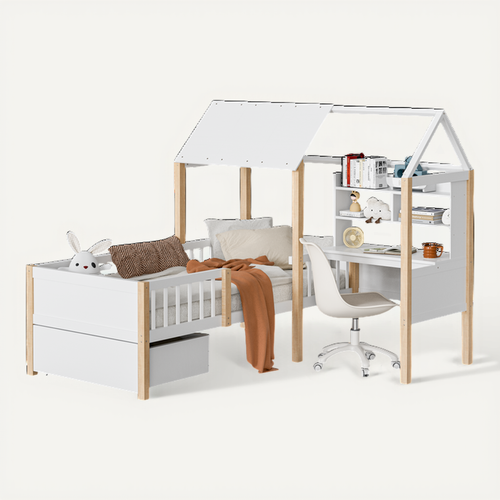 Lit Cabane Enfant 90x200 Cm, Bureau En L, Bibliothèque, Tiroirs à Roulettes, Barrière, Bois Blanc