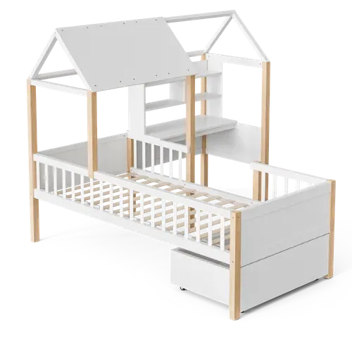 Lit Cabane Enfant 90x200 Cm, Bureau En L, Bibliothèque, Tiroirs à Roulettes, Barrière, Bois Blanc