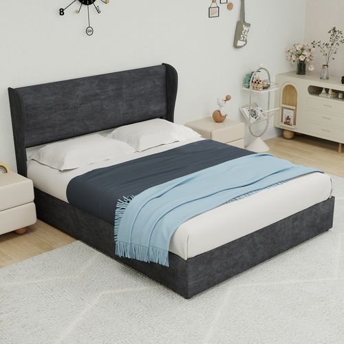 Lit Coffre 140x200 Cm - Lit Double Avec Tête Confort Et Rangement Hydraulique, Velours Gris