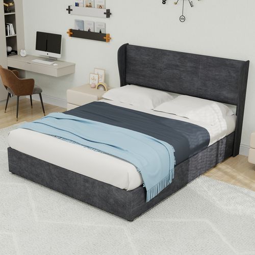 Lit Coffre 140x200 Cm - Lit Double Avec Tête Confort Et Rangement Hydraulique, Velours Gris