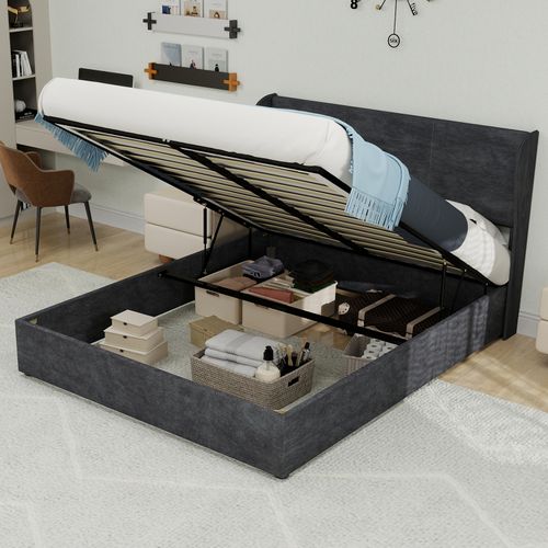Lit Coffre 140x200 Cm - Lit Double Avec Tête Confort Et Rangement Hydraulique, Velours Gris