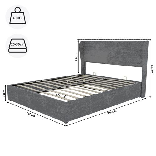 Lit Coffre 140x200 Cm - Lit Double Avec Tête Confort Et Rangement Hydraulique, Velours Gris