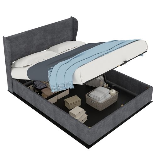 Lit Coffre 140x200 Cm - Lit Double Avec Tête Confort Et Rangement Hydraulique, Velours Gris