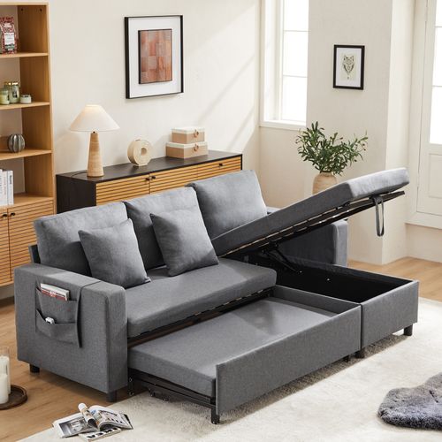 Canapé-lit Convertible L-shape Avec Méridienne Et Coffre De Rangement, Design Moderne, Lin Gris