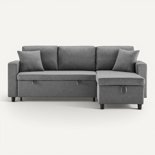 Canapé-lit Convertible L-shape Avec Méridienne Et Coffre De Rangement, Design Moderne, Lin Gris