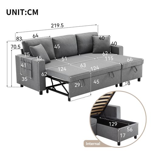 Canapé-lit Convertible L-shape Avec Méridienne Et Coffre De Rangement, Design Moderne, Lin Gris