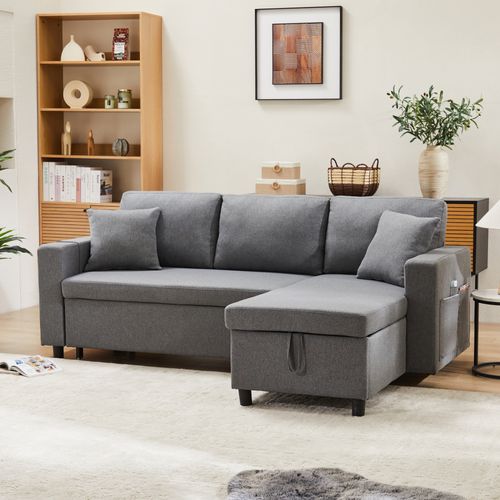 Canapé-lit Convertible L-shape Avec Méridienne Et Coffre De Rangement, Design Moderne, Lin Gris