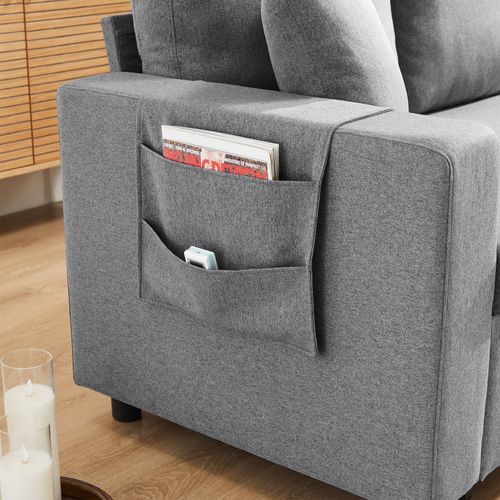 Canapé-lit Convertible L-shape Avec Méridienne Et Coffre De Rangement, Design Moderne, Lin Gris