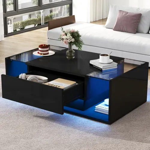 Table Basse Moderne Avec Tiroir Et éclairage LED Intégré, Plateau En Verre Trempé – Noir