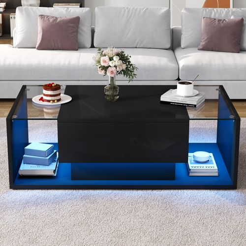 Table Basse Moderne Avec Tiroir Et éclairage LED Intégré, Plateau En Verre Trempé – Noir