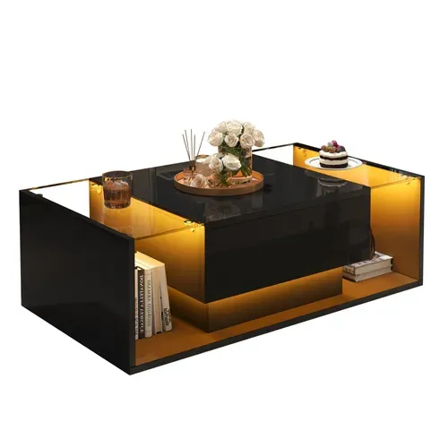 Table Basse Moderne Avec Tiroir Et éclairage LED Intégré, Plateau En Verre Trempé – Noir