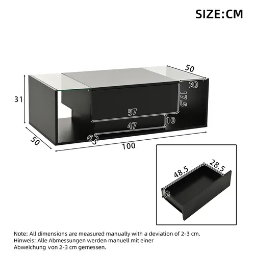 Table Basse Moderne Avec Tiroir Et éclairage LED Intégré, Plateau En Verre Trempé – Noir