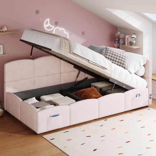 Lit Enfant Simple 90x200 Cm, Barrière Sécurité, Décor étoiles/lune, Sommier Non Inclus, Bois Blanc