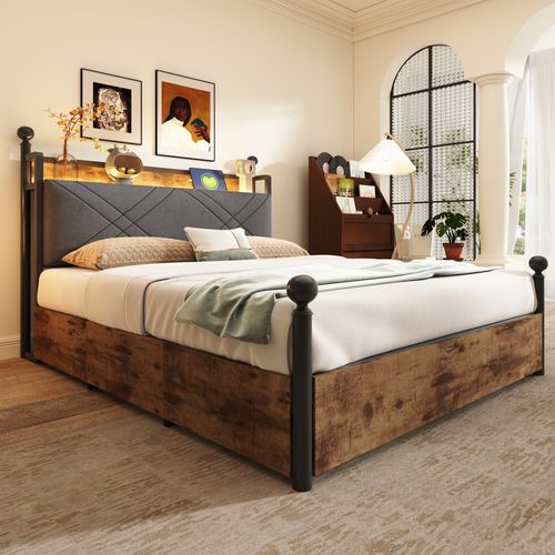 Lit Double 140x190 Cm - Lit Baldaquin, LED Et 3 Tiroirs , Tête De Lit Démontable, Métal, Noir
