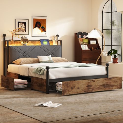 Lit Double 140x190 Cm - Lit Baldaquin, LED Et 3 Tiroirs , Tête De Lit Démontable, Métal, Noir