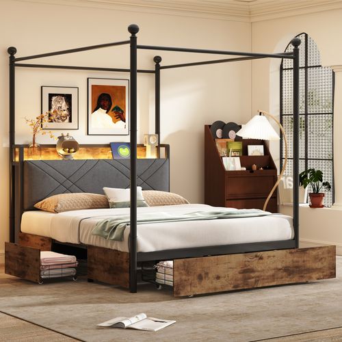 Lit Double 140x190 Cm - Lit Baldaquin, LED Et 3 Tiroirs , Tête De Lit Démontable, Métal, Noir