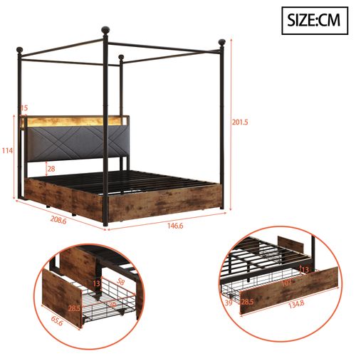Lit Double 140x190 Cm - Lit Baldaquin, LED Et 3 Tiroirs , Tête De Lit Démontable, Métal, Noir