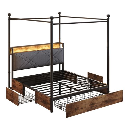 Lit Double 140x190 Cm - Lit Baldaquin, LED Et 3 Tiroirs , Tête De Lit Démontable, Métal, Noir