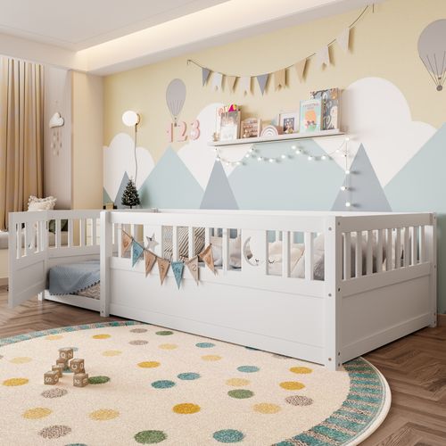 Lit Enfant Simple 90x190 Cm, Barrière Sécurité, Décor étoiles/lune, Sommier Non Inclus, Bois Blanc