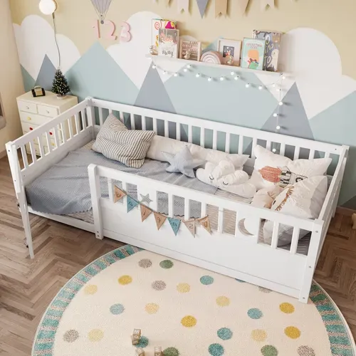 Lit Enfant Simple 90x190 Cm, Barrière Sécurité, Décor étoiles/lune, Sommier Non Inclus, Bois Blanc