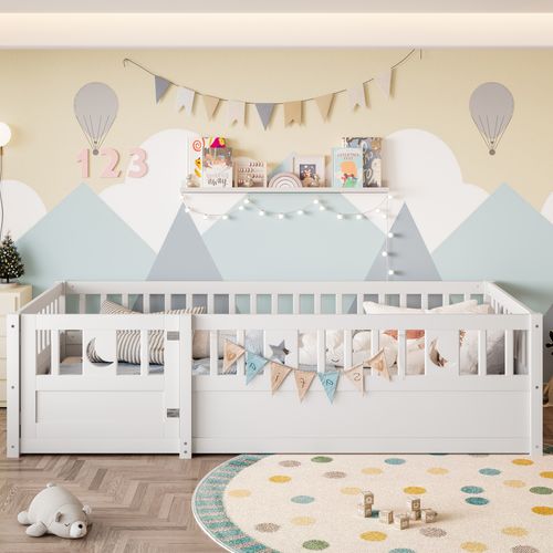 Lit Enfant Simple 90x190 Cm, Barrière Sécurité, Décor étoiles/lune, Sommier Non Inclus, Bois Blanc