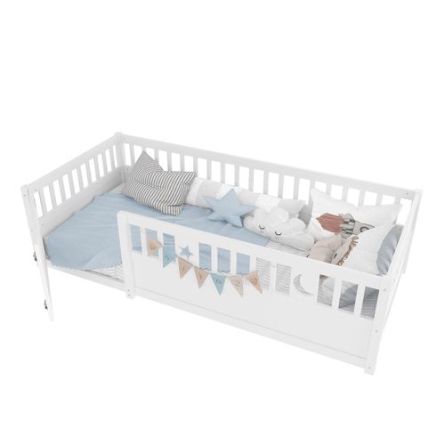 Lit Enfant Simple 90x190 Cm, Barrière Sécurité, Décor étoiles/lune, Sommier Non Inclus, Bois Blanc