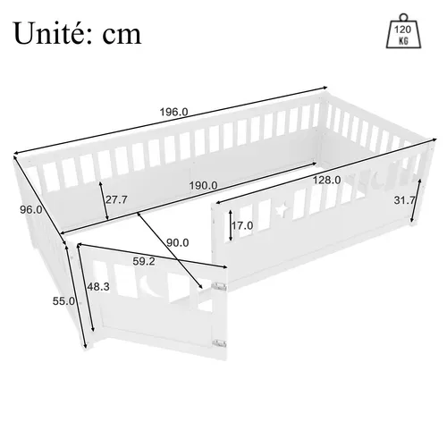 Lit Enfant Simple 90x190 Cm, Barrière Sécurité, Décor étoiles/lune, Sommier Non Inclus, Bois Blanc