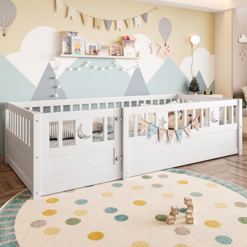 Lit Enfant Simple 90x190 Cm, Barrière Sécurité, Décor étoiles/lune, Sommier Non Inclus, Bois Blanc