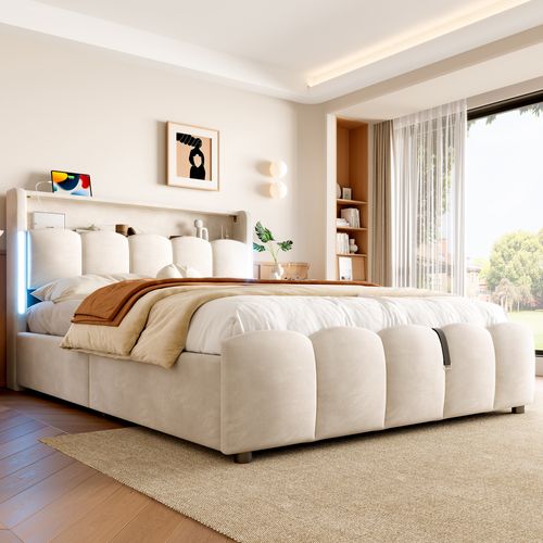 Lit Coffre 140x200 Cm Double Avec LED, USB, Capitonné Velours, Tête De Lit, Sommier Relevable Beige