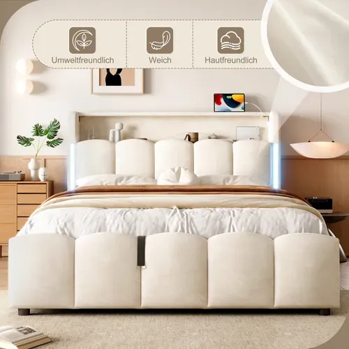 Lit Coffre 140x200 Cm Double Avec LED, USB, Capitonné Velours, Tête De Lit, Sommier Relevable Beige