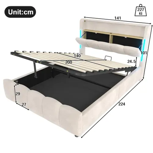 Lit Coffre 140x200 Cm Double Avec LED, USB, Capitonné Velours, Tête De Lit, Sommier Relevable Beige