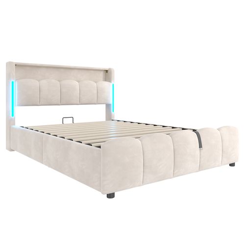 Lit Coffre 140x200 Cm Double Avec LED, USB, Capitonné Velours, Tête De Lit, Sommier Relevable Beige