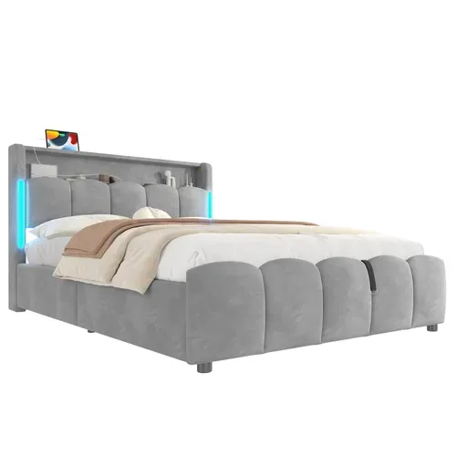 Lit Coffre 140x200 Cm Double Avec LED, USB, Capitonné Velours, Tête De Lit, Sommier Relevable Gris