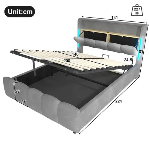 Lit Coffre 140x200 Cm Double Avec LED, USB, Capitonné Velours, Tête De Lit, Sommier Relevable Gris