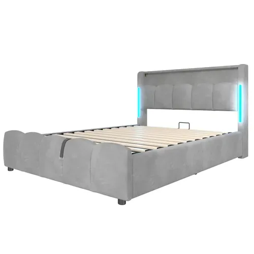 Lit Coffre 140x200 Cm Double Avec LED, USB, Capitonné Velours, Tête De Lit, Sommier Relevable Gris