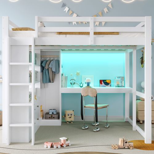 Lit Mezzanine 140x200 Cm - Lit Avec 2 Tiroirs Et Bureau Sous Le Lit, LED Et Port USB, Blanc