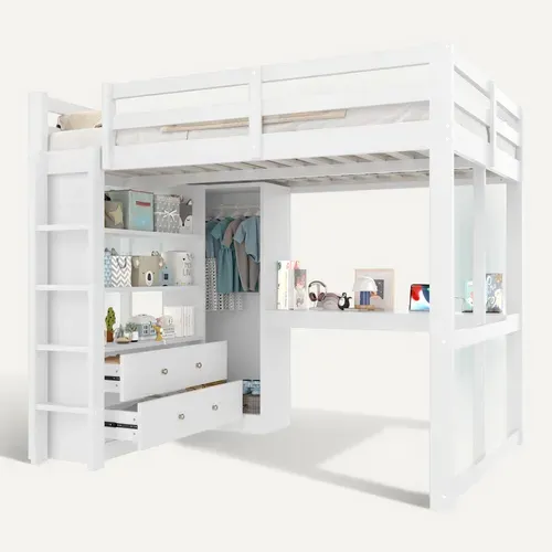 Lit Mezzanine 140x200 Cm - Lit Avec 2 Tiroirs Et Bureau Sous Le Lit, LED Et Port USB, Blanc