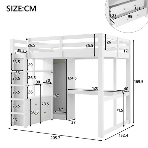 Lit Mezzanine 140x200 Cm - Lit Avec 2 Tiroirs Et Bureau Sous Le Lit, LED Et Port USB, Blanc