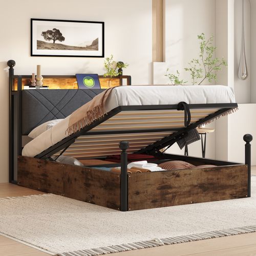 Lit Coffre Simple 90x190 Cm - Baldaquin Et éclairage LED, Rangement, Ports USB/type-c, Noir