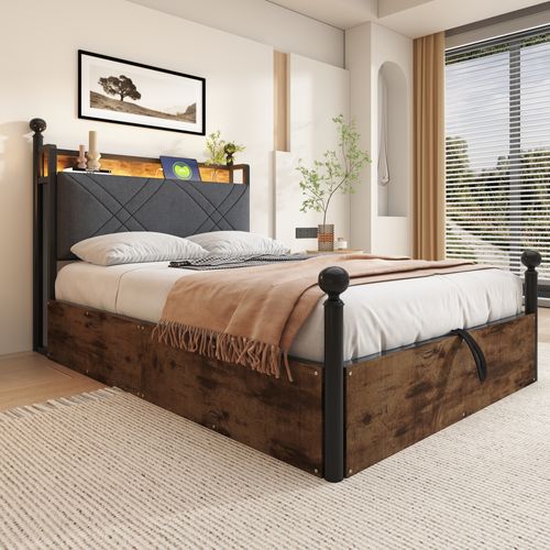 Lit Coffre Simple 90x190 Cm - Baldaquin Et éclairage LED, Rangement, Ports USB/type-c, Noir