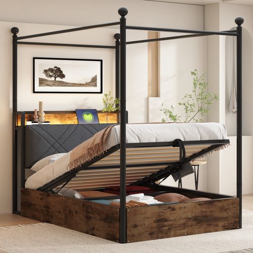 Lit Coffre Simple 90x190 Cm - Baldaquin Et éclairage LED, Rangement, Ports USB/type-c, Noir