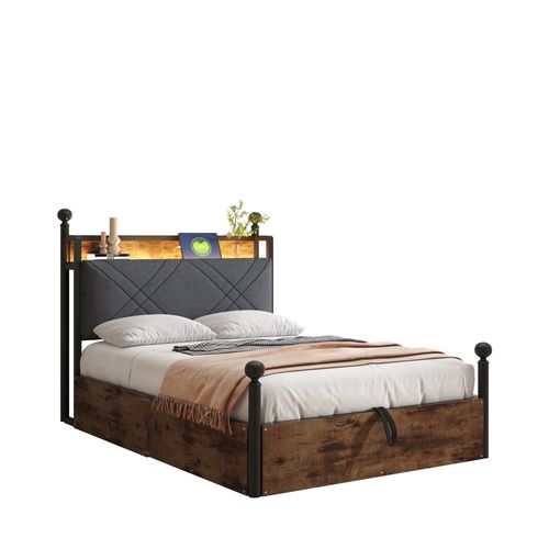 Lit Coffre Simple 90x190 Cm - Baldaquin Et éclairage LED, Rangement, Ports USB/type-c, Noir