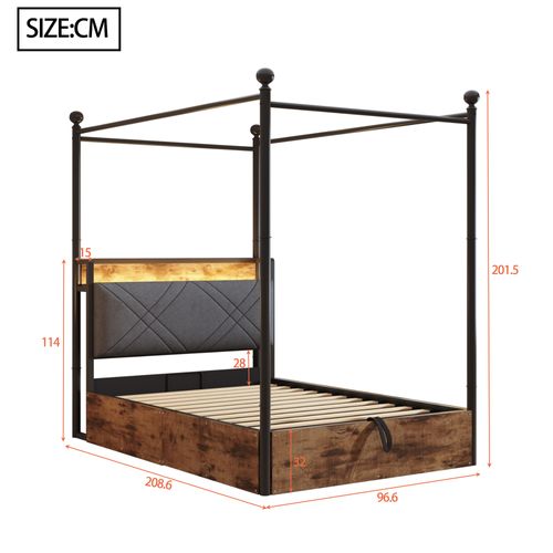 Lit Coffre Simple 90x190 Cm - Baldaquin Et éclairage LED, Rangement, Ports USB/type-c, Noir
