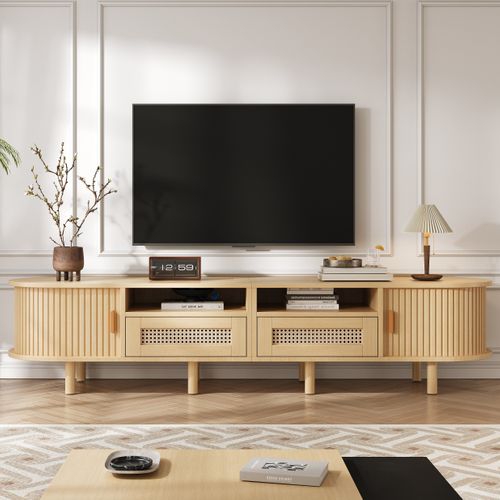 Meuble TV Ovale, 2 Tiroirs, 2 Compartiments Ouverts, Salon, Bois  Et Mdf, Couleur Bois