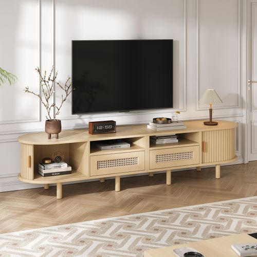 Meuble TV Ovale, 2 Tiroirs, 2 Compartiments Ouverts, Salon, Bois  Et Mdf, Couleur Bois
